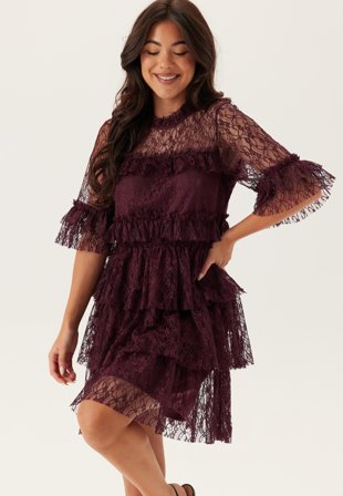 Bubbleroom - Frill Lace Dress - Burgundy - Kläder