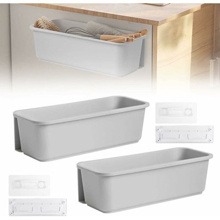 Hvid Utrækkelig Kurv Organizer 37,6x15,2x11,2cm Opbevaringshylde under Vask med 2 Skinner & 4 Selvklæbende Holdere til Køkken