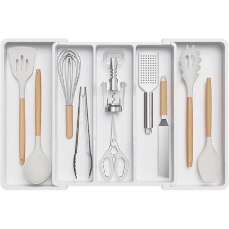 Expandable Silverware Organizer, Large Cutlery Tray Utensil Drawer Organizer for Kitchen, Adjustable Silverware Holder, White