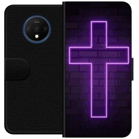Yhteensopiva Lompakkokotelo OnePlus OnePlus 7T Neonristi purppuranvalossa tummaa tiiliseinää vasten, symbolinen motiivi vahvalla hohto moderni estee