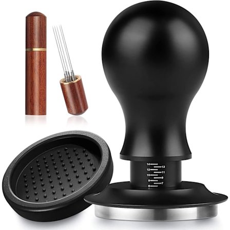 Espresso Tamper 51mm, Rustfritt Stål Kaffepresse, Fjærbelastet Espresso Tamper med Skala, Kaffemaskin Tamper Sett med Silikonmatte og Espres