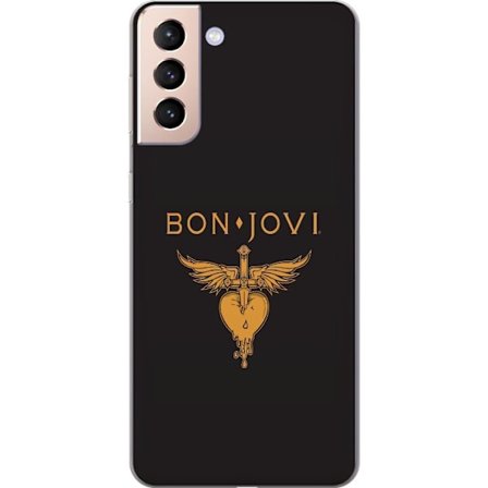 Kompatibelt Mobilskal till Samsung Samsung Galaxy S21 Ikonisk musikillustration med bevingat hjärta och dolk i guldtoner på mörk bakgrund, kraftful