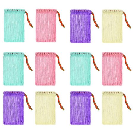 12-pak sæbebesparere til fast sæbe, eksfolierende net til brusebad, mesh-skumtaske til bad og brusebad (4 farver, 14 x 9 cm)
