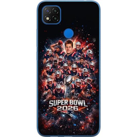 Yhteensopiva Puhelinkuori Xiaomi Redmi 9C NFC Super Bowl 2026 juliste, jossa New England Patriots ja NFL-mestaruuspalkinto räjähtävän urheilullisessa