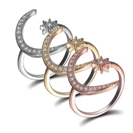 Crescent Moon Star Rings for Women Girls Adjustable Moon Open Ring Cubic Zirconia Minimalist Ring Jewelry Valentines Day Gift