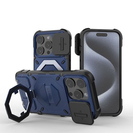 Kompatibel med IP-15PRO støtsikkert deksel, telefondeksel med stativ, safirblå