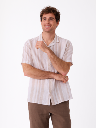 MATCH - Aldo stripete linskjorte - Mario Conti - Str. M - Herre - Skjorter - Beige - 100% lin