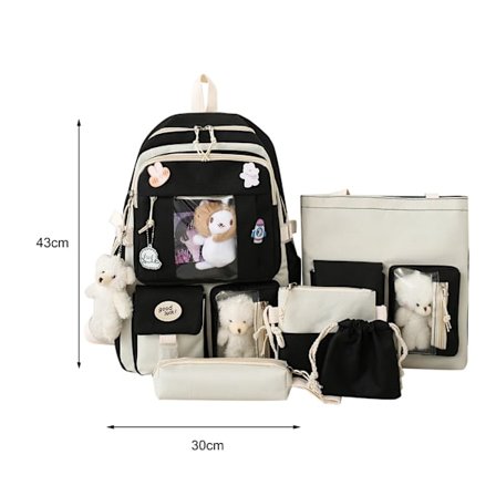 5 stk./sett Canvas Kawaii Dame Ryggsekk Koreansk Søt Tenåringsjente Stor Kapasitet Skolesekk Clutch Reisevesker Skulderveske~00954