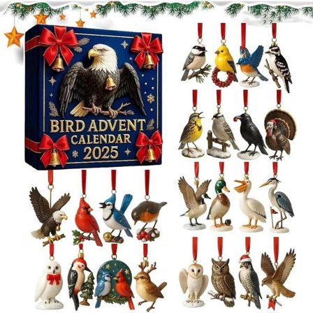 Fugle Adventskalender 2025, 24 Dages Jule-nedtællingskalender, Akryl 2D Hængende Dekorationer til Juletræet