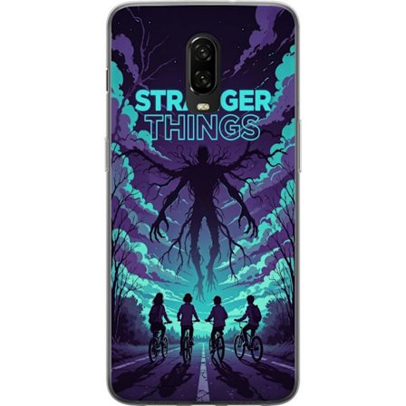 Yhteensopiva Puhelinkuori OnePlus OnePlus 6T Stranger Things -inspiroitunut fantasiaillustraatio, jossa on tumma hirviö, pyöräilevät lapset ja dra