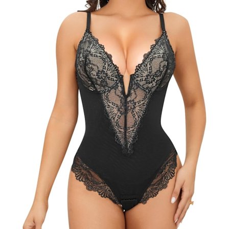 2025 Senaste Modell Spetsbody Rygglös Shapewear för Kvinnor V-Ringad Magekontroll Tanga Body Shaper Svart XX-Large