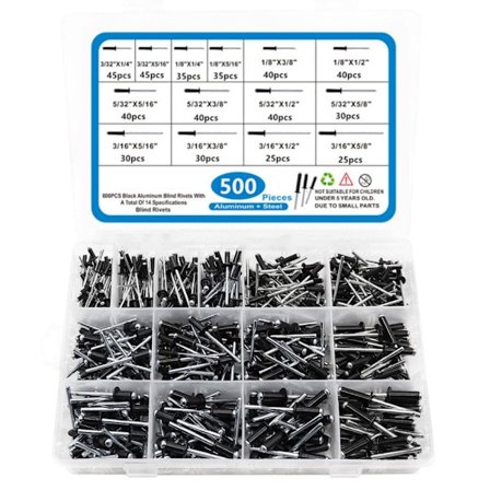 500 stk Blindnagler Sortimentsett Popnagler Sorte nagler