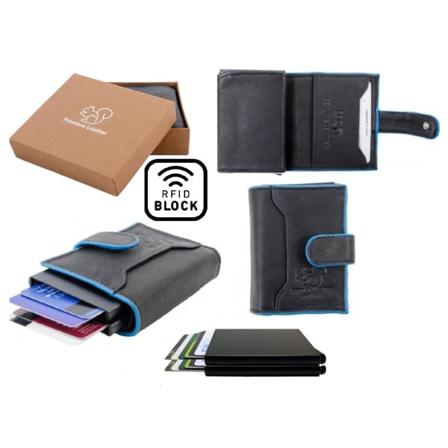 Äkta Läder Plånbok o 2st Smart Korthållare .100% RFID Skydd.SVART+BLÅ Svart och Blå
