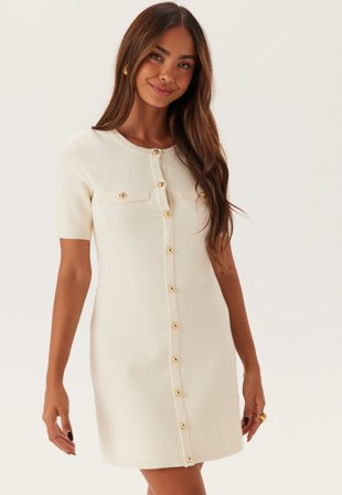 BUBBLEROOM Knitted Gold Button Dress Offwhite S