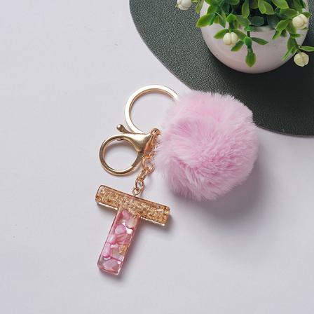 e Nøglering Pink Pompom Ball 26 bogstaver Nøglering Resin Nøgleringe T