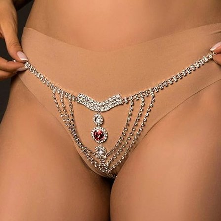 Boho Rhinestone Underbukser Sølv Kæde Krystal Thong Trusser Bikini G-streng Kropssmykker Tilbehør til Kvinder og Piger