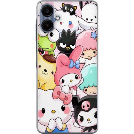 Kompatibelt Mobildeksel til Samsung Galaxy A06 Tett mønster av søte figurer med store øyne i ulike farger og uttrykk med LABUBU-tekst