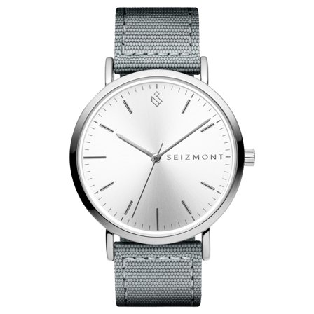 Moment | Montre habillée minimaliste couleur argent avec mouvement analogique à quartz, cadran argenté et bracelet en nylon gris foncé pour hommes - 