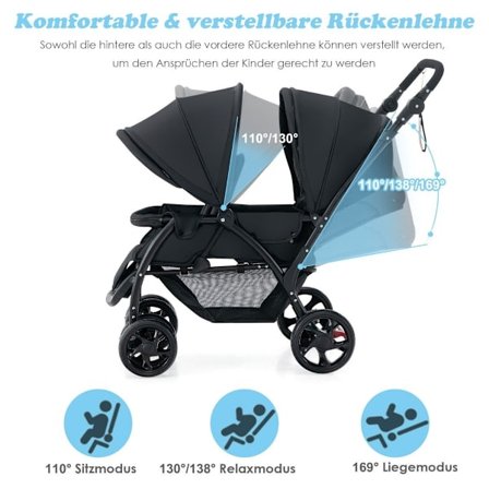 Taitettavat kahden hengen rattaat säädettävällä selkänojalla, musta