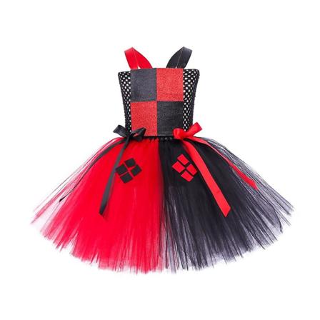 Halloween Børns Piger Klovn Cosplay Kostume Ærmeløs Sort & Rød Tutu Tulle Kjole Tøj Fest Fuldt Kostume Sæt Med Tilbehør 8-9 Years
