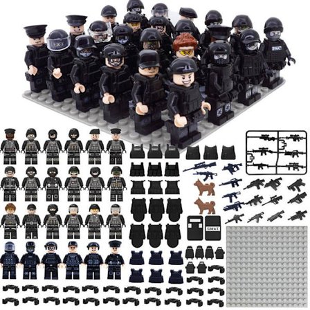 Militær byggeklods minifigur sæt, 24 dele, lille partikel samlelegetøj, i pose. Sort specialpoliti formation, køb kun et sæt ly