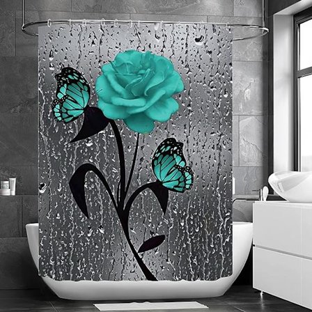 Antimögel duschdraperi (grön ros), 120 * 180cm duschdraperi, antimögel och vattentät tvättbar polyestertyg, duschdraperi med 12 krokar