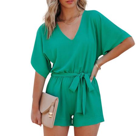 Damoverall Med Elastisk Midja V-hals Shorts Med Raka Ben