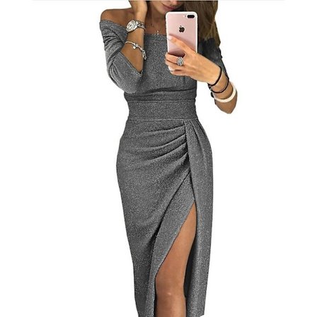 Sexig glänsande klänning med halv ärm och slits för kvinnor, enfärgad aftonklänning