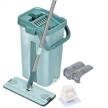 Flad klem moppe med spand håndfri vridning gulv rengøring moppe mikrofiber moppe puder våd eller tør brug moppe med 2 sengetøj