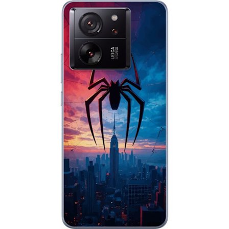 Kompatibelt Mobildeksel til Xiaomi Xiaomi 13T Stilisert edderkopp over bysilhuett i dramatisk solnedgang, grafisk fantasyillustrasjon med sterke farge
