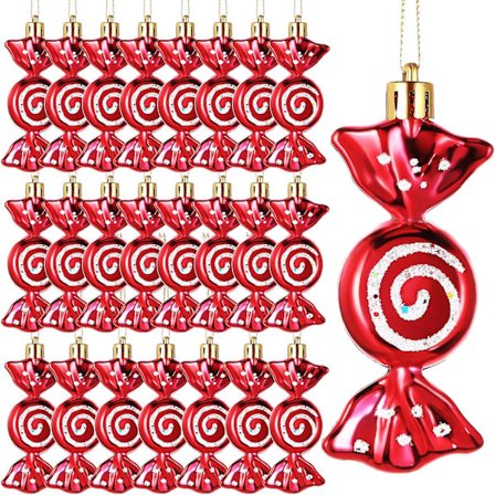 24 st julgodispynt Candy Cane Julgran Glitter Hängande Pynt Plast Pepparkaksvirvel (röd)