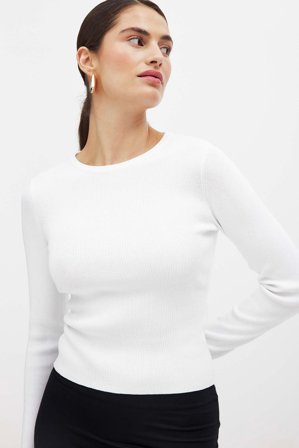 NA-KD Ribbed Knitted Round Neck Top - Strikkede toppe - Hvid - L