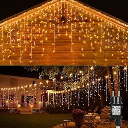 15m LED Is-regn Lysstreng 8 Lystilstande Lysgardin med Hukommelsesfunktion og Timer til Udendørs Fest Jul Dekoration