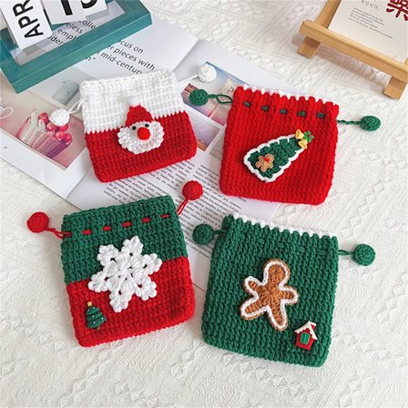 Christmas Hand-Woven Bag Organizer Handmade Knitted Apples Drawstring Storage Bag Cute Finished Creative Xmas Gift For Kids