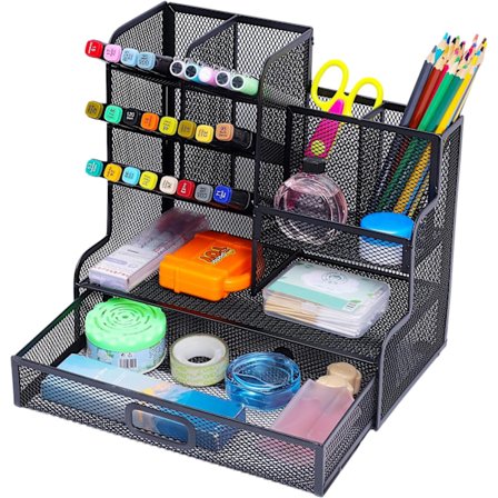 Mesh Pennholder Organizer med Skuff, Multi-funksjonell Blyantholder for Skrivebord, Skrivebordsorganisatorer og Tilbehør