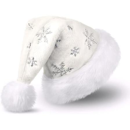Hvid Julemandshue til Voksne, Plys Julehue til Kvinder og Mænd, Varmt og Tykt Julemandshue med Pailletter Snefnug White+sliver