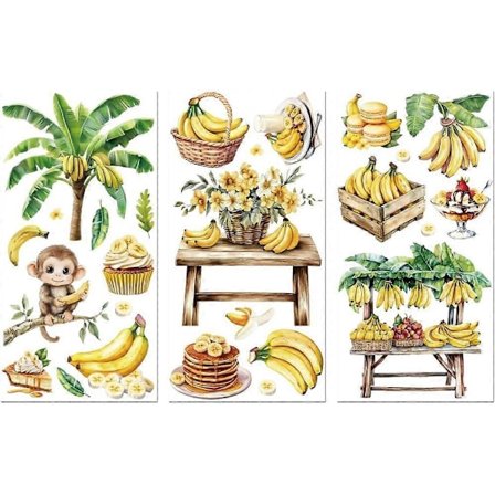 Rub on Transfer Decal Sticker til Møbelhåndværk Dekor 6"x12" Banan og Abe 3 stk. Vandtæt UV DTF Transfer til Skuffe Kommode Glas Porcelæn Træ