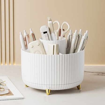 Hvit 360° roterende skrivebordsarrangør, oppbevaringsboks for kosmetikk, multifunksjonell