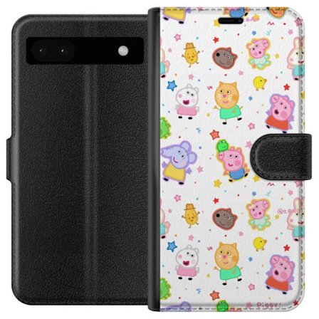 Kompatibelt Lommeboketui til Google Pixel 6a Fargerike tegneserie dyrekarakterer i en leken stil med stjerner og prikker på en lys bakgrunn
