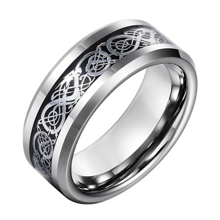 Unique tungsten ring in stainless steel for women with a dragon pattern