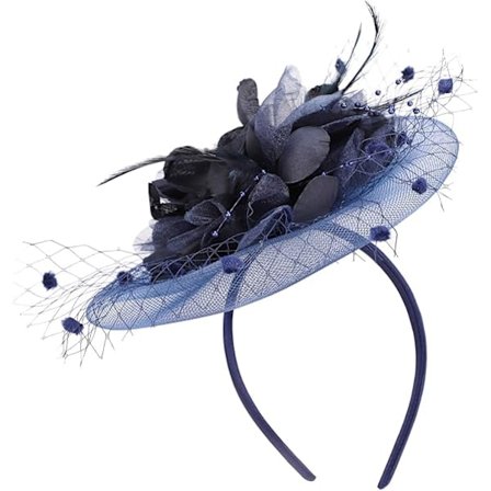 Fascinator Pillbox-hatt for damer, blomster bowlerhatt, fjær bryllupshatt, cocktailhatt, hårspenne, partyhatt, hårtilbehør med hår (dypblå)[qb]