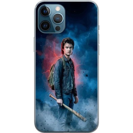 Yhteensopiva Puhelinkuori Apple Apple iPhone 12 Pro Max Stranger Things hahmoselostekuva baseballmaila salamoilla ja dramaattinen sininen punainen tau