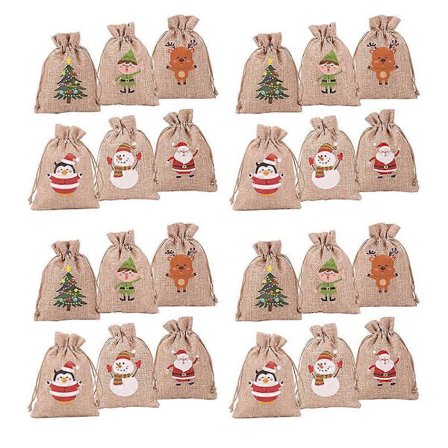 Festliga stoffposer Julekalender Gaveposer Sett DIY Partydekorasjoner Khaki 14x10cm Nedtelling 24stk