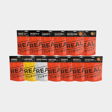 Confezione grande cibo liofilizzato / cibo da campeggio Real Turmat, senza glutine, 13-pack, 5840 grammi