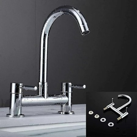 Kitchen Mixer Tap 2 Hole 1/4 Turn Dual Lever Chrome 360° Swivel Spout Brass Sink Mixer