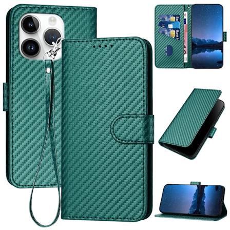 YX0070 Plånboksfodral i kolfiberstruktur för iPhone 15 Pro Max - Svartgrön
