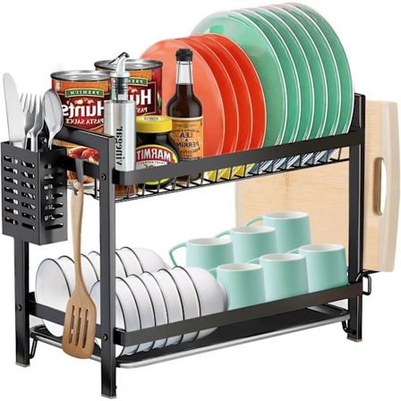 Diskställ för kök, 2 våningar rostfritt stål med avrinningsbricka och bestickhållare, stor kapacitet, svart