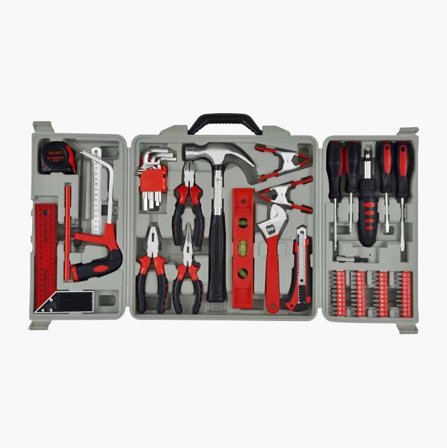 Biltema - Verktøysett 69 deler - Inkluderer Hammer, Skiftenøkkel (200 mm), Kniv, Baufil, Bitsholder, Skralleskrutrekker, Målebånd (3 m), Stållinjal