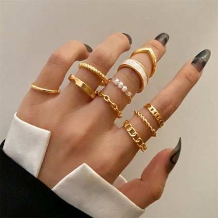 Mode Punk Guld Färg Bred Kedje Ringar Set För Kvinnor Flickor Kristall Blomma Fjäril Finger Ring 2022 Kvinnliga Knuckle Smycken