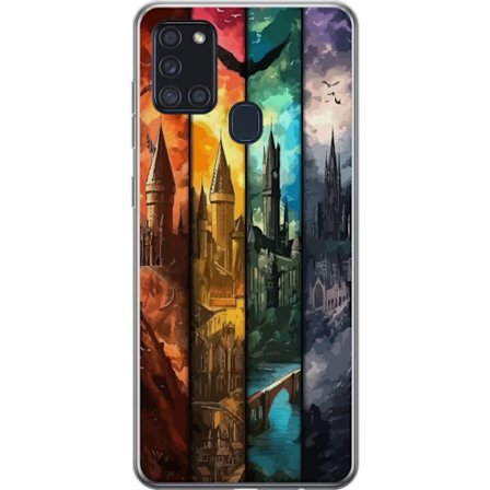 Kompatibel Mobilcover til Samsung Samsung Galaxy A21s Fire magiske slotte i forskellige elementfarver, episk fantasykunst med ild vand luft og mørke